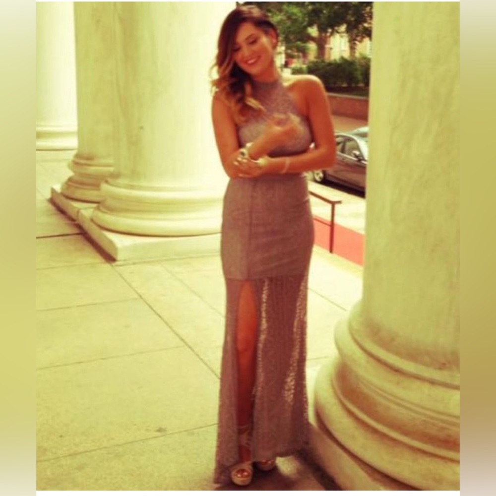 Formal  wedding guest prom dress gray lace cutouts and slit sz M